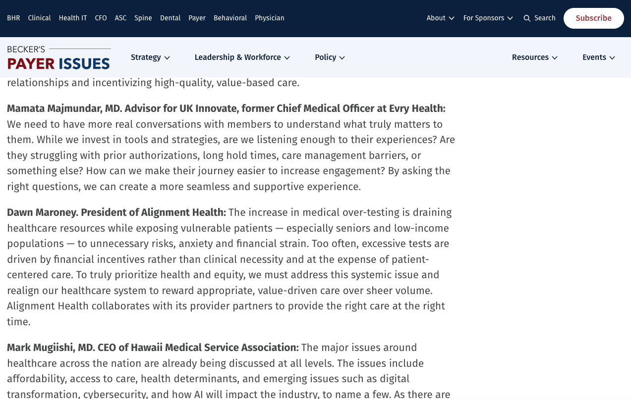 Becker’s article listing payer executives