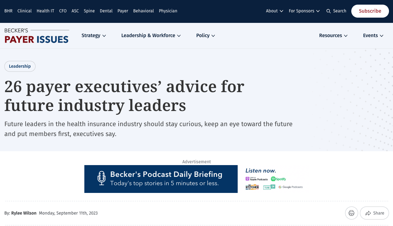 Becker’s article on advice for future industry leaders